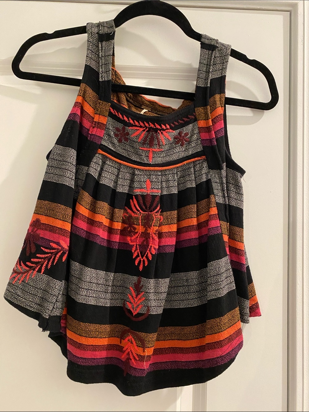 Free People Striped Embroidered Tank Top - Black with Pink & Orange